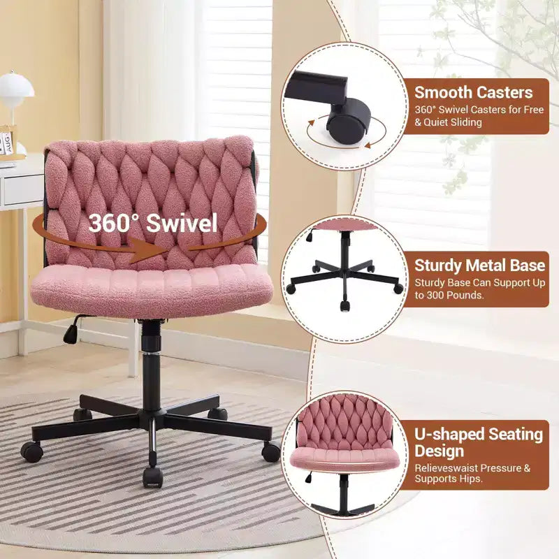Criss Cross Legged Desk Chair with Wheels, Adjustable Swivel Vanity Chair with Woven Fabric for Home Office and Living Spaces