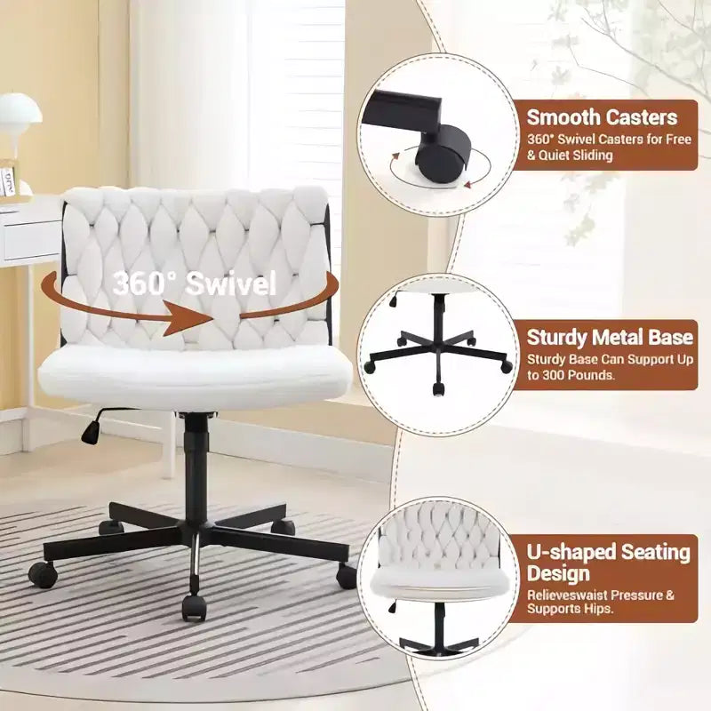 Criss Cross Legged Desk Chair with Wheels, Adjustable Swivel Vanity Chair with Woven Fabric for Home Office and Living Spaces