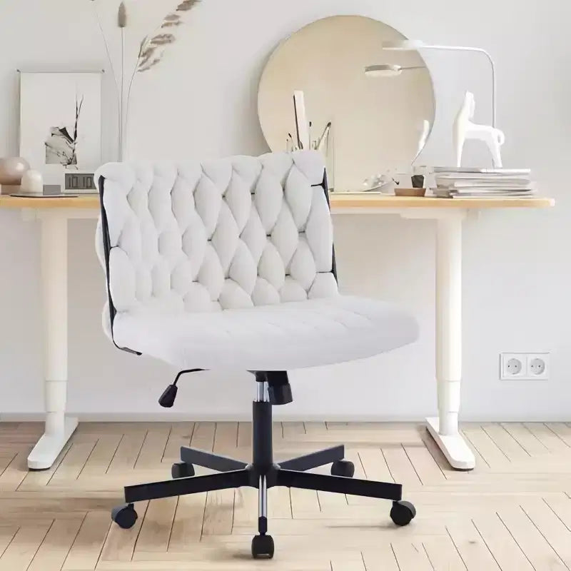 Criss Cross Legged Desk Chair with Wheels, Adjustable Swivel Vanity Chair with Woven Fabric for Home Office and Living Spaces
