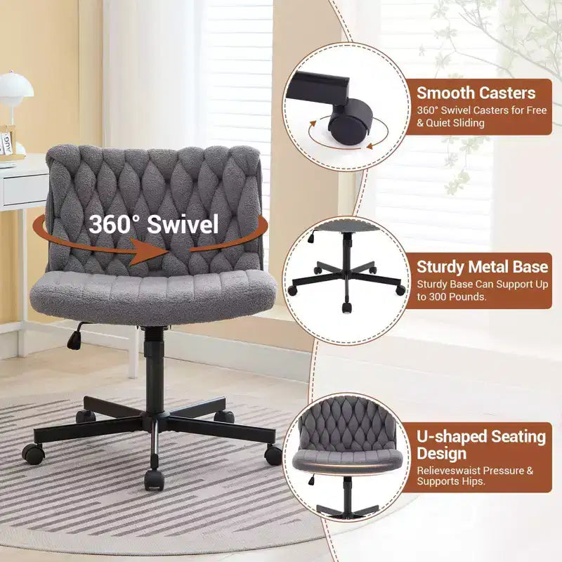Criss Cross Legged Desk Chair with Wheels, Adjustable Swivel Vanity Chair with Woven Fabric for Home Office and Living Spaces