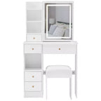 Coiffeuse avec miroir coulissant, éclairage réglable à 3 intensités, rangements multiples à tiroirs et tabouret rembourré.