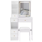 Coiffeuse avec miroir coulissant, éclairage réglable à 3 intensités, rangements multiples à tiroirs et tabouret rembourré.