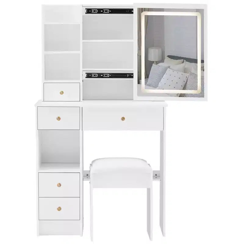 Coiffeuse avec miroir coulissant, éclairage réglable à 3 intensités, rangements multiples à tiroirs et tabouret rembourré.