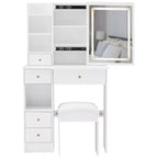 Coiffeuse avec miroir coulissant, éclairage réglable à 3 intensités, rangements multiples à tiroirs et tabouret rembourré.