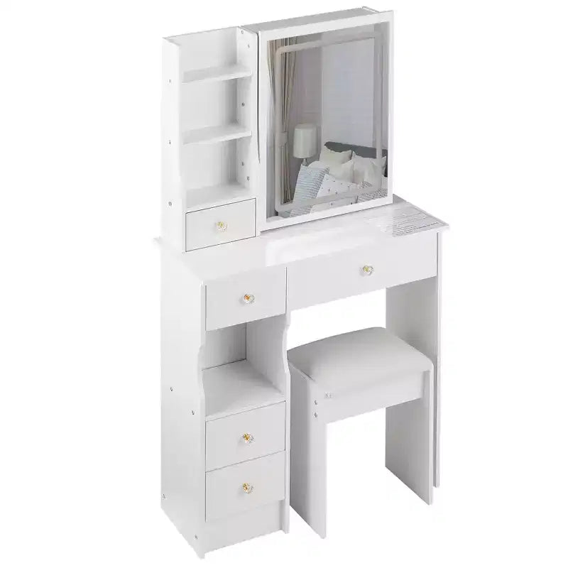 Coiffeuse avec miroir coulissant, éclairage réglable à 3 intensités, rangements multiples à tiroirs et tabouret rembourré.