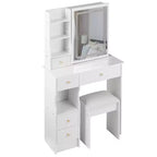 Coiffeuse avec miroir coulissant, éclairage réglable à 3 intensités, rangements multiples à tiroirs et tabouret rembourré.
