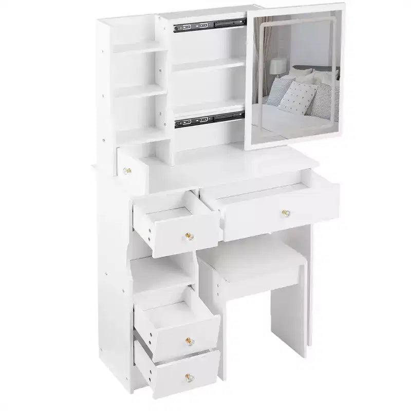 Coiffeuse avec miroir coulissant, éclairage réglable à 3 intensités, rangements multiples à tiroirs et tabouret rembourré.