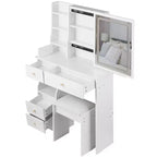 Coiffeuse avec miroir coulissant, éclairage réglable à 3 intensités, rangements multiples à tiroirs et tabouret rembourré.