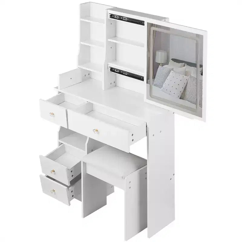 Coiffeuse avec miroir coulissant, éclairage réglable à 3 intensités, rangements multiples à tiroirs et tabouret rembourré.