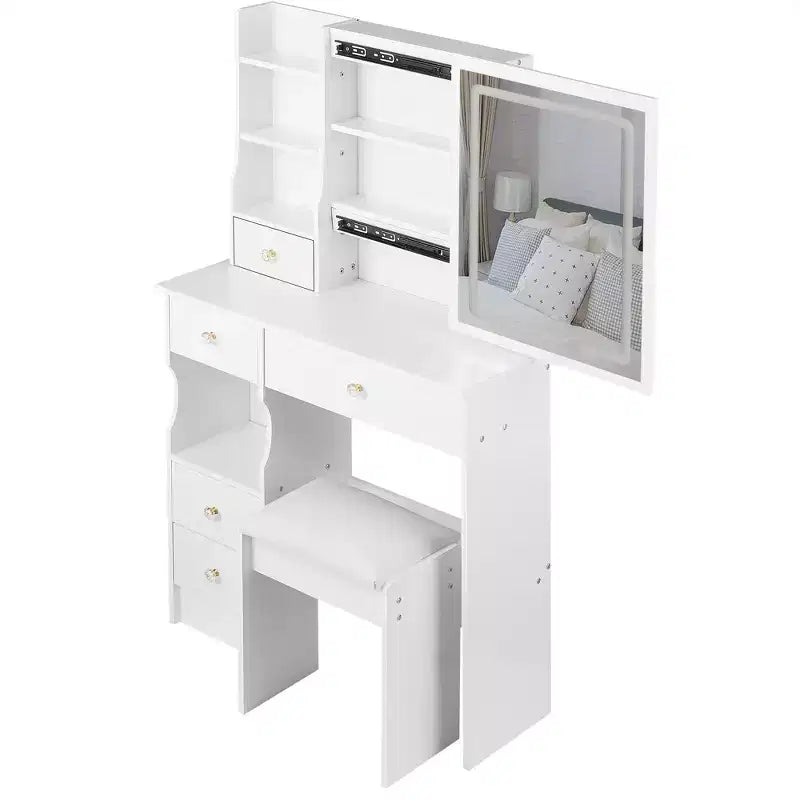 Coiffeuse avec miroir coulissant, éclairage réglable à 3 intensités, rangements multiples à tiroirs et tabouret rembourré.