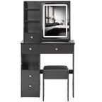 Coiffeuse avec miroir coulissant, éclairage réglable à 3 intensités, rangements multiples à tiroirs et tabouret rembourré.