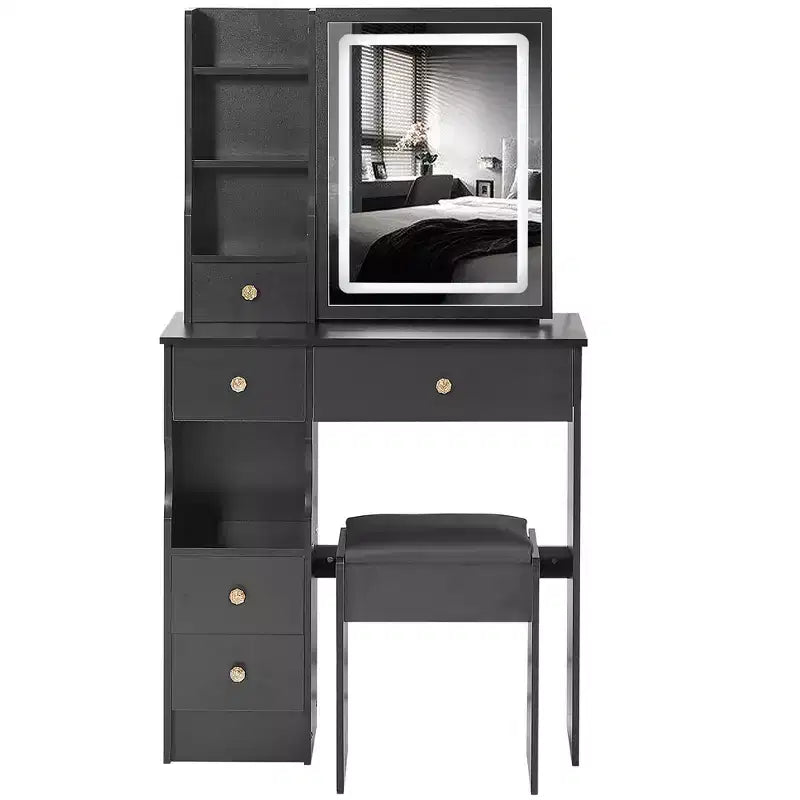 Coiffeuse avec miroir coulissant, éclairage réglable à 3 intensités, rangements multiples à tiroirs et tabouret rembourré.