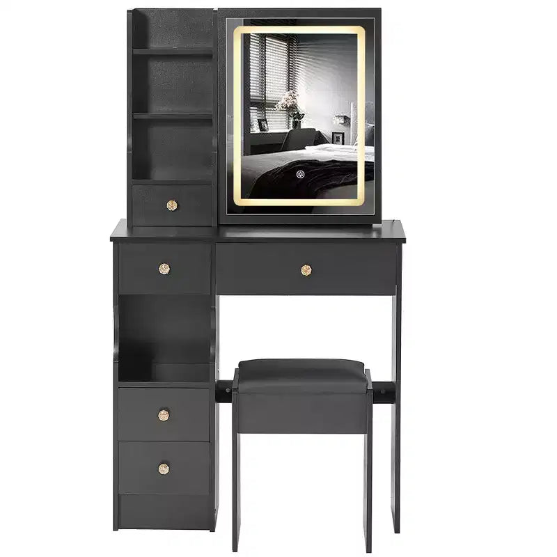 Coiffeuse avec miroir coulissant, éclairage réglable à 3 intensités, rangements multiples à tiroirs et tabouret rembourré.