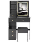 Coiffeuse avec miroir coulissant, éclairage réglable à 3 intensités, rangements multiples à tiroirs et tabouret rembourré.