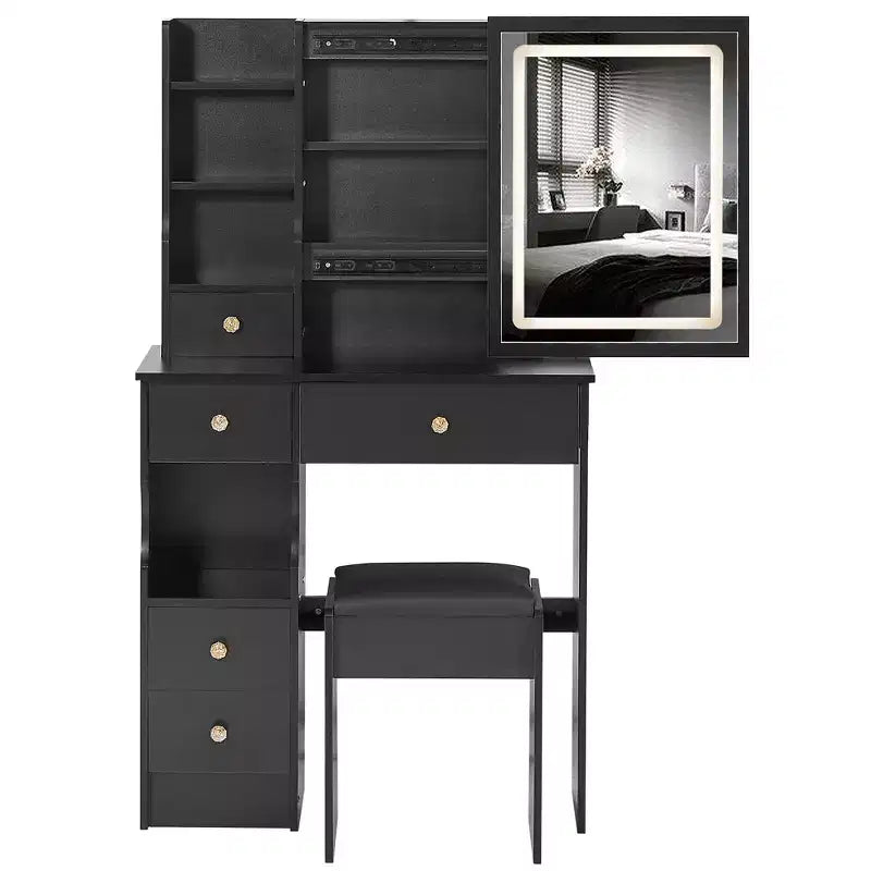 Coiffeuse avec miroir coulissant, éclairage réglable à 3 intensités, rangements multiples à tiroirs et tabouret rembourré.