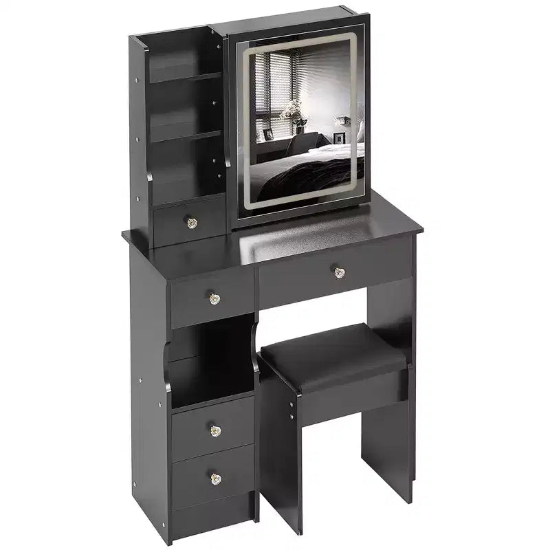 Coiffeuse avec miroir coulissant, éclairage réglable à 3 intensités, rangements multiples à tiroirs et tabouret rembourré.