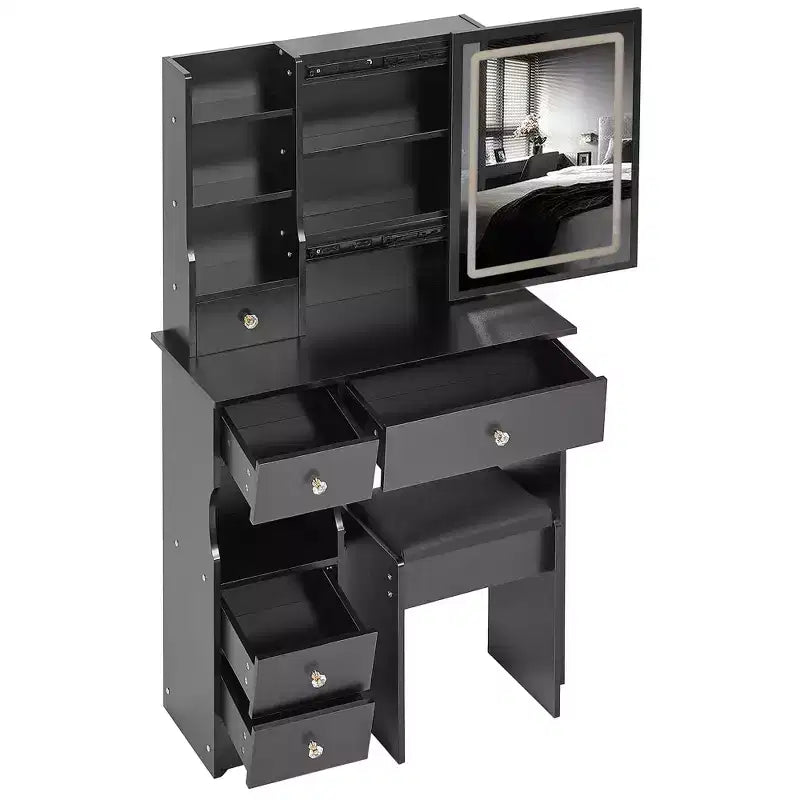 Coiffeuse avec miroir coulissant, éclairage réglable à 3 intensités, rangements multiples à tiroirs et tabouret rembourré.