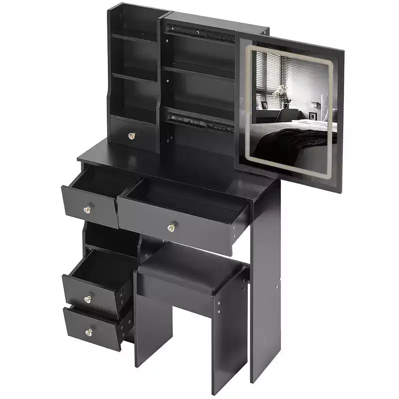 Coiffeuse avec miroir coulissant, éclairage réglable à 3 intensités, rangements multiples à tiroirs et tabouret rembourré.