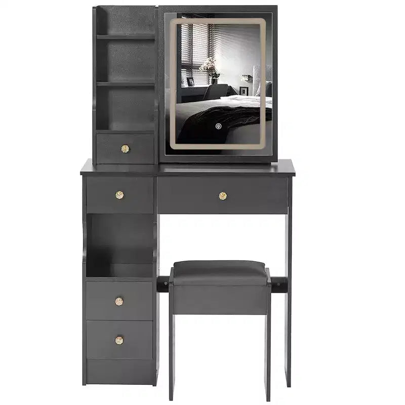 Coiffeuse avec miroir coulissant, éclairage réglable à 3 intensités, rangements multiples à tiroirs et tabouret rembourré.