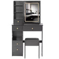 Coiffeuse avec miroir coulissant, éclairage réglable à 3 intensités, rangements multiples à tiroirs et tabouret rembourré.
