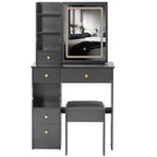 Coiffeuse avec miroir coulissant, éclairage réglable à 3 intensités, rangements multiples à tiroirs et tabouret rembourré.