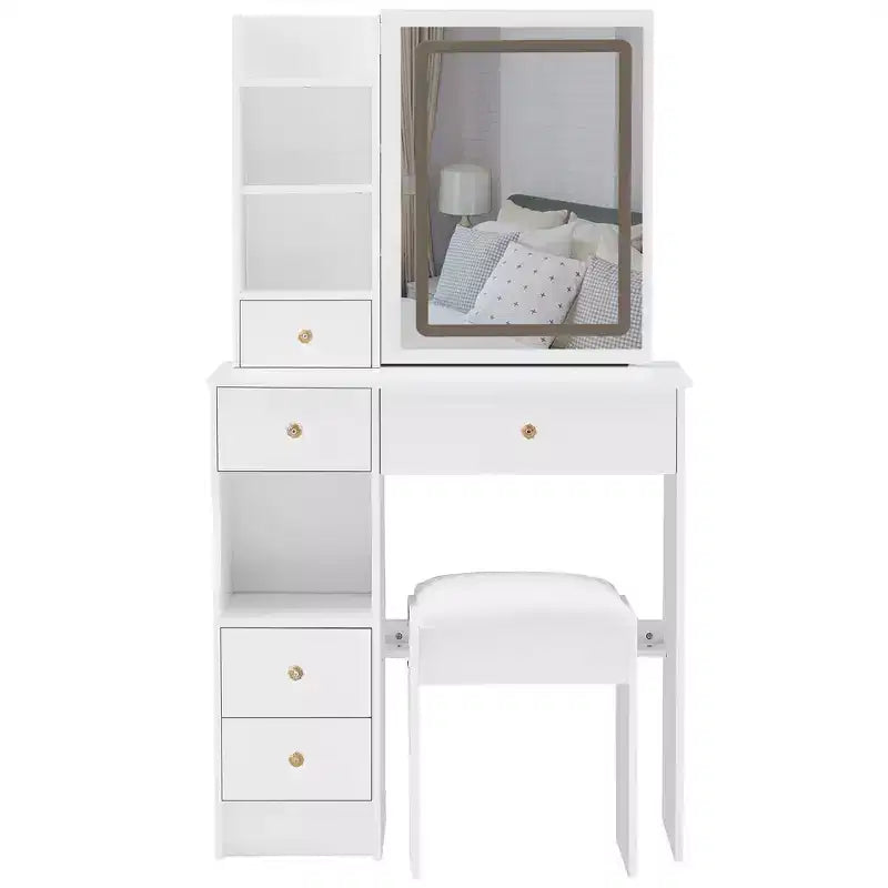Vanity Set with Sliding Mirror, 3-Shade Adjustable Lighting, Multi-Drawer Storage & Padded Stool.