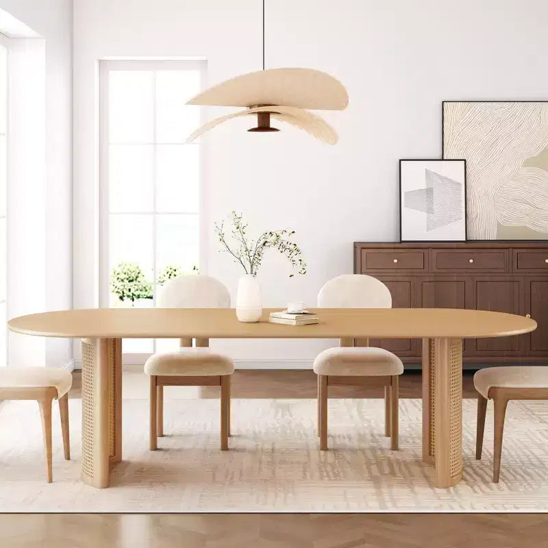 PexFix Table de salle à manger ovale 79 pour 6-8 personnes avec plateau à bords incurvés et base tissée en rotin, table de cuisine moderne de style ferme pour salon et salle à manger, naturelle