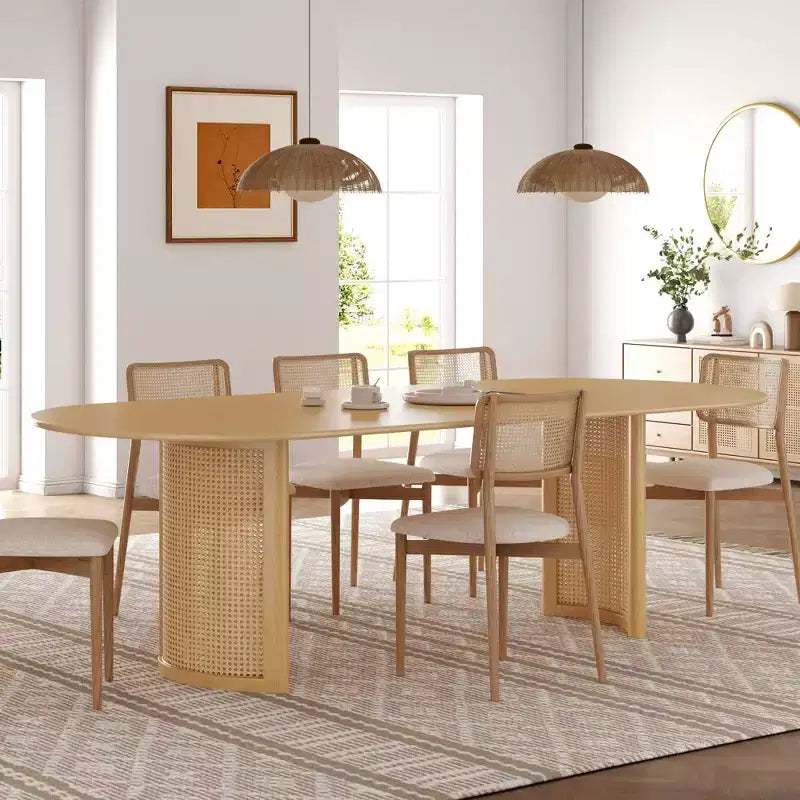 PexFix Table de salle à manger ovale 79 pour 6-8 personnes avec plateau à bords incurvés et base tissée en rotin, table de cuisine moderne de style ferme pour salon et salle à manger, naturelle