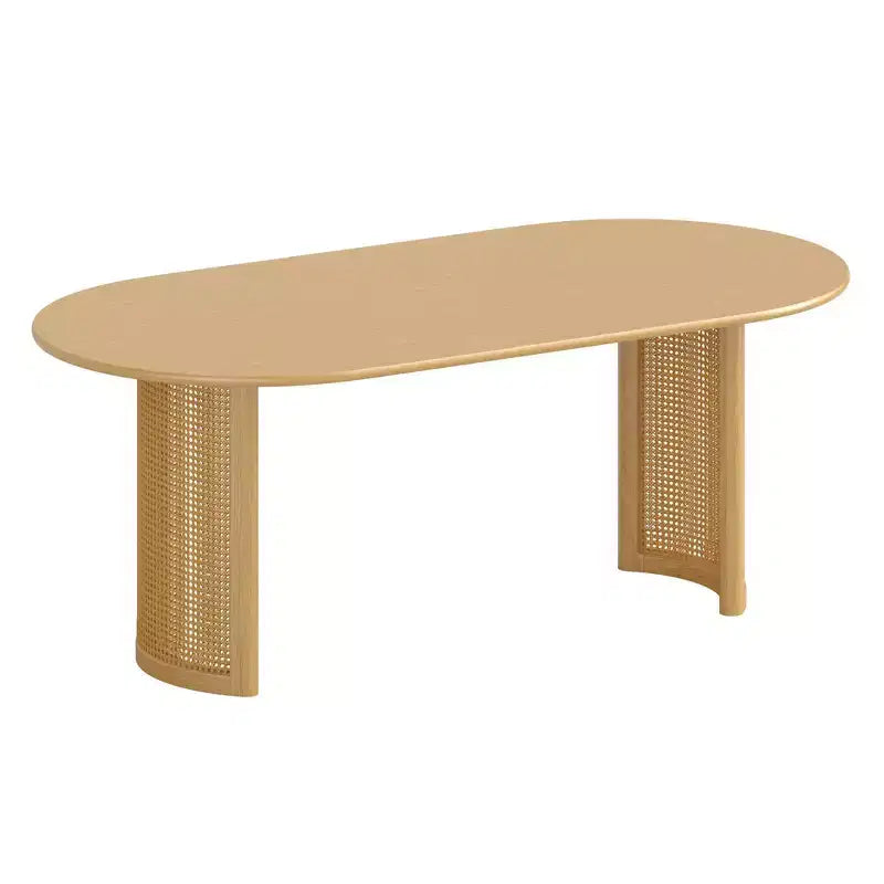 PexFix Table de salle à manger ovale 79 pour 6-8 personnes avec plateau à bords incurvés et base tissée en rotin, table de cuisine moderne de style ferme pour salon et salle à manger, naturelle