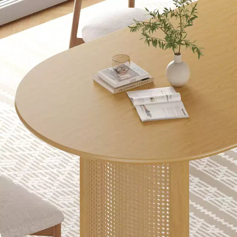 PexFix Table de salle à manger ovale 79 pour 6-8 personnes avec plateau à bords incurvés et base tissée en rotin, table de cuisine moderne de style ferme pour salon et salle à manger, naturelle