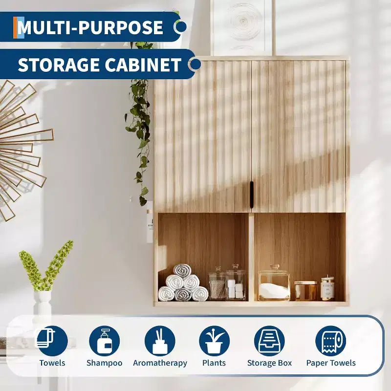 Acekool Armoire Murale de Salle de Bain Canelée 23x29, Meuble de Rangement au-dessus des Toilettes, Étagère Réglable, Charnières Silencieuses, Armoire à Pharmacie Moderne, Aspect Bois Naturel