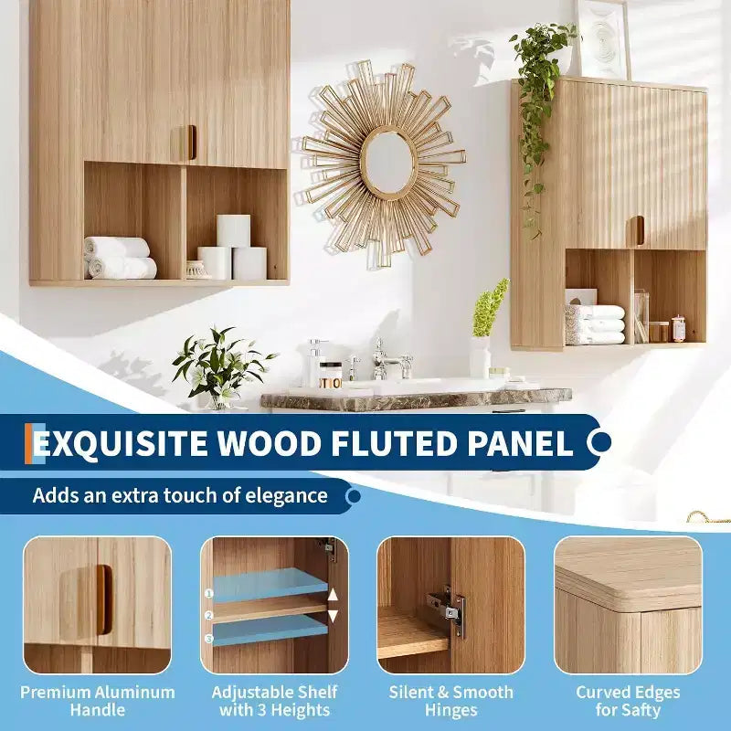 Acekool Armoire Murale de Salle de Bain Canelée 23x29, Meuble de Rangement au-dessus des Toilettes, Étagère Réglable, Charnières Silencieuses, Armoire à Pharmacie Moderne, Aspect Bois Naturel