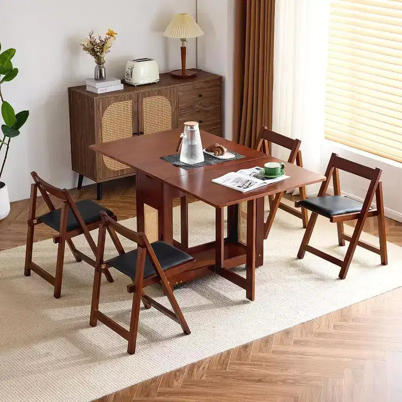 VINGLI Ensemble table et 4 chaises de salle à manger pliantes, table en bois massif à rallonges avec 4 chaises, tiroirs et roulettes