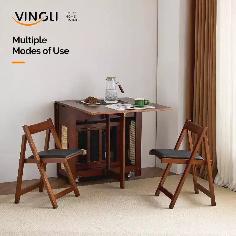 VINGLI Ensemble table et 4 chaises de salle à manger pliantes, table en bois massif à rallonges avec 4 chaises, tiroirs et roulettes
