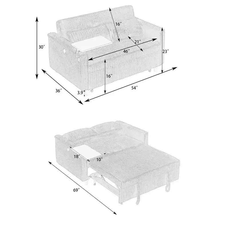 MAYEERTY Canapé 2 places en velours côtelé avec double fonction Équipé d'une tablette mobile pour le salon et la chambre à coucher