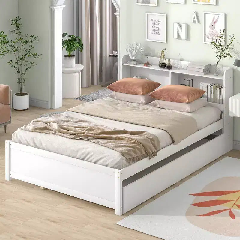 Cadre de lit double Bellemave avec lit gigogne et tête de lit de rangement, lit gigogne double avec bibliothèque pour enfants, lit bibliothèque pour adolescents, adultes