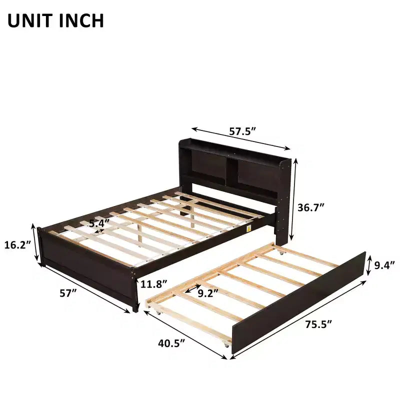 Cadre de lit double Bellemave avec lit gigogne et tête de lit de rangement, lit gigogne double avec bibliothèque pour enfants, lit bibliothèque pour adolescents, adultes