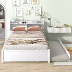 Cadre de lit double Bellemave avec lit gigogne et tête de lit de rangement, lit gigogne double avec bibliothèque pour enfants, lit bibliothèque pour adolescents, adultes