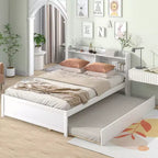 Cadre de lit double Bellemave avec lit gigogne et tête de lit de rangement, lit gigogne double avec bibliothèque pour enfants, lit bibliothèque pour adolescents, adultes