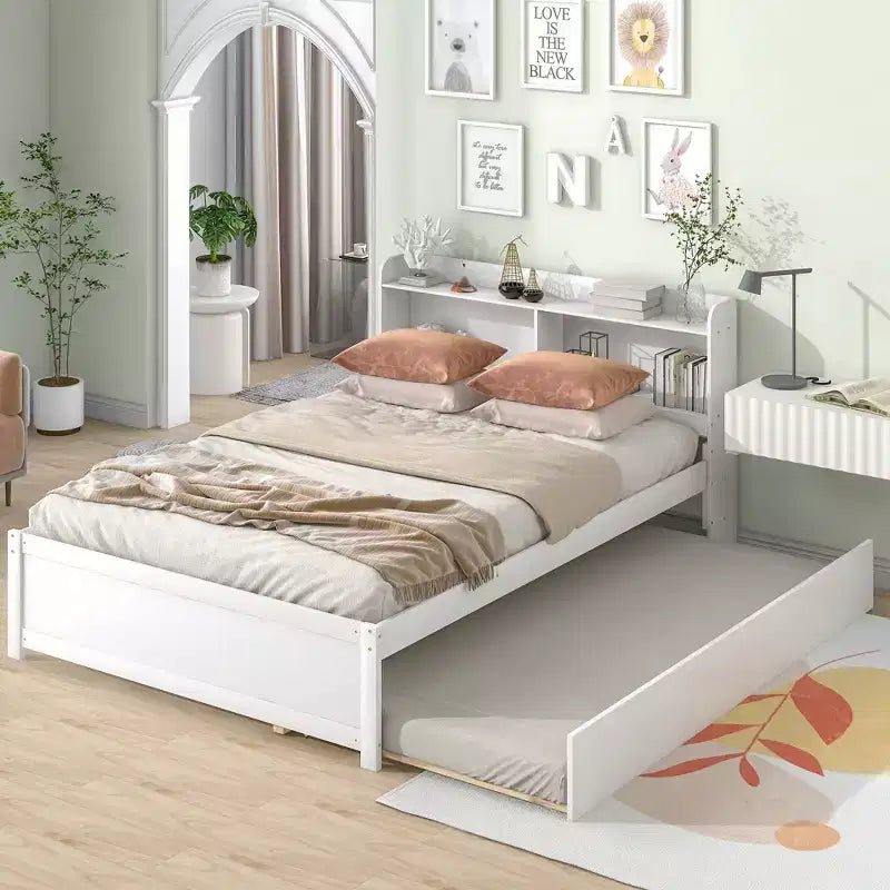 Cadre de lit double Bellemave avec lit gigogne et tête de lit de rangement, lit gigogne double avec bibliothèque pour enfants, lit bibliothèque pour adolescents, adultes