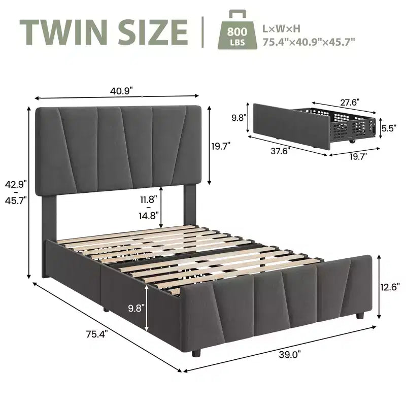 Adjustable Headboard Bed Frame with Storage Drawers  Velvet Upholstered Tufted Platform Bed with Wooden Slats, No Box Spring Needed