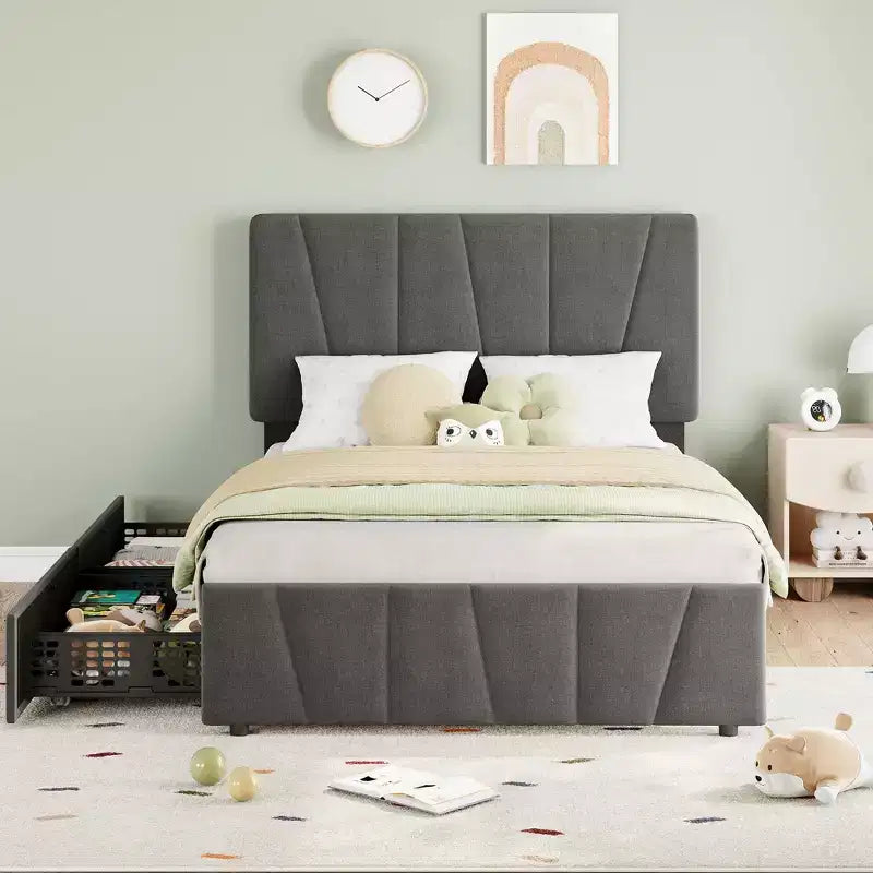 Adjustable Headboard Bed Frame with Storage Drawers  Velvet Upholstered Tufted Platform Bed with Wooden Slats, No Box Spring Needed