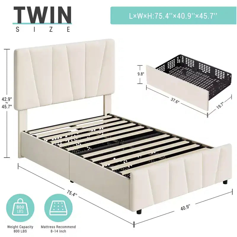 Adjustable Headboard Bed Frame with Storage Drawers  Velvet Upholstered Tufted Platform Bed with Wooden Slats, No Box Spring Needed