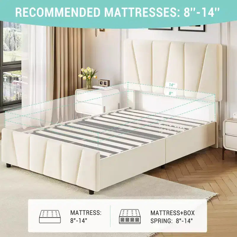 Adjustable Headboard Bed Frame with Storage Drawers  Velvet Upholstered Tufted Platform Bed with Wooden Slats, No Box Spring Needed