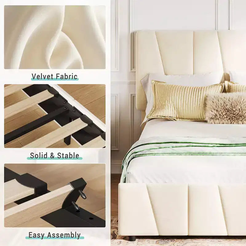 Adjustable Headboard Bed Frame with Storage Drawers  Velvet Upholstered Tufted Platform Bed with Wooden Slats, No Box Spring Needed