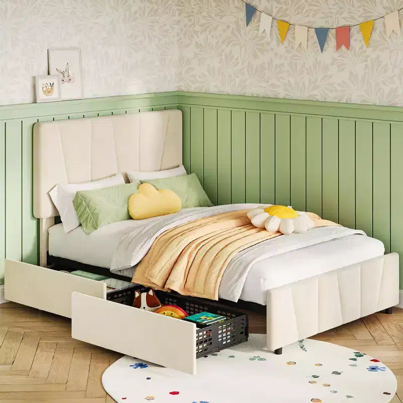 Adjustable Headboard Bed Frame with Storage Drawers  Velvet Upholstered Tufted Platform Bed with Wooden Slats, No Box Spring Needed
