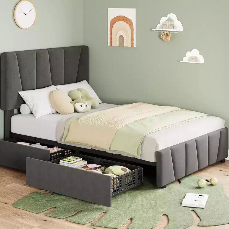Adjustable Headboard Bed Frame with Storage Drawers  Velvet Upholstered Tufted Platform Bed with Wooden Slats, No Box Spring Needed