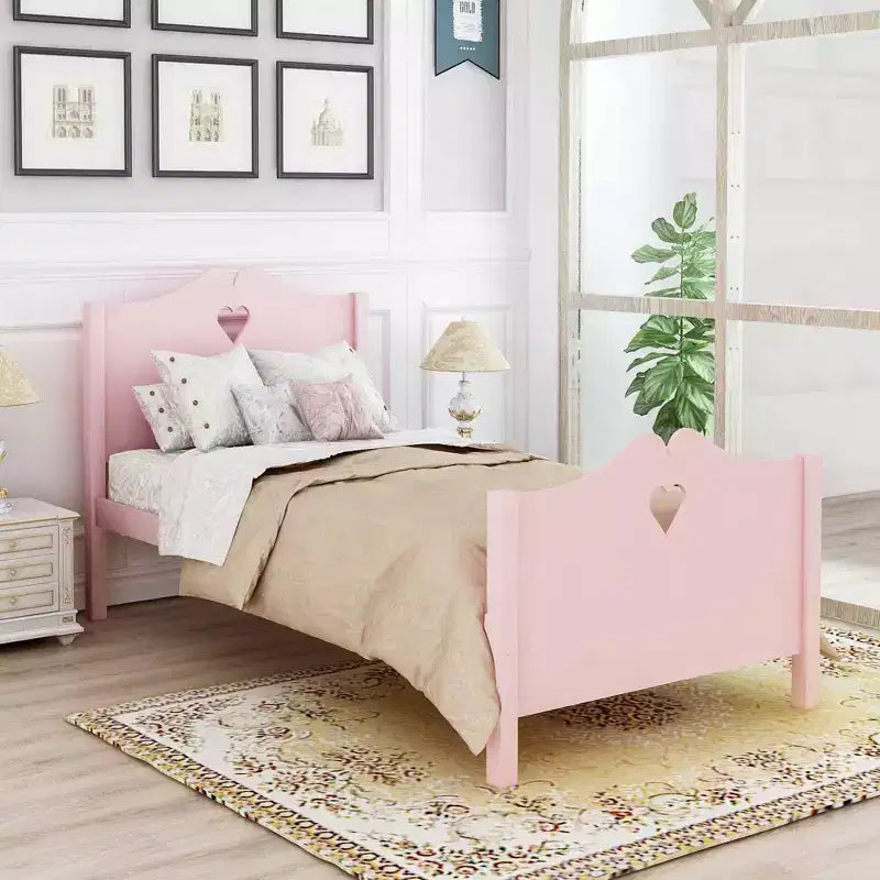 Twin Bed Frame for Girls Princess Bed, Wood Twin Size Platform Bed with Headboard and Footboard