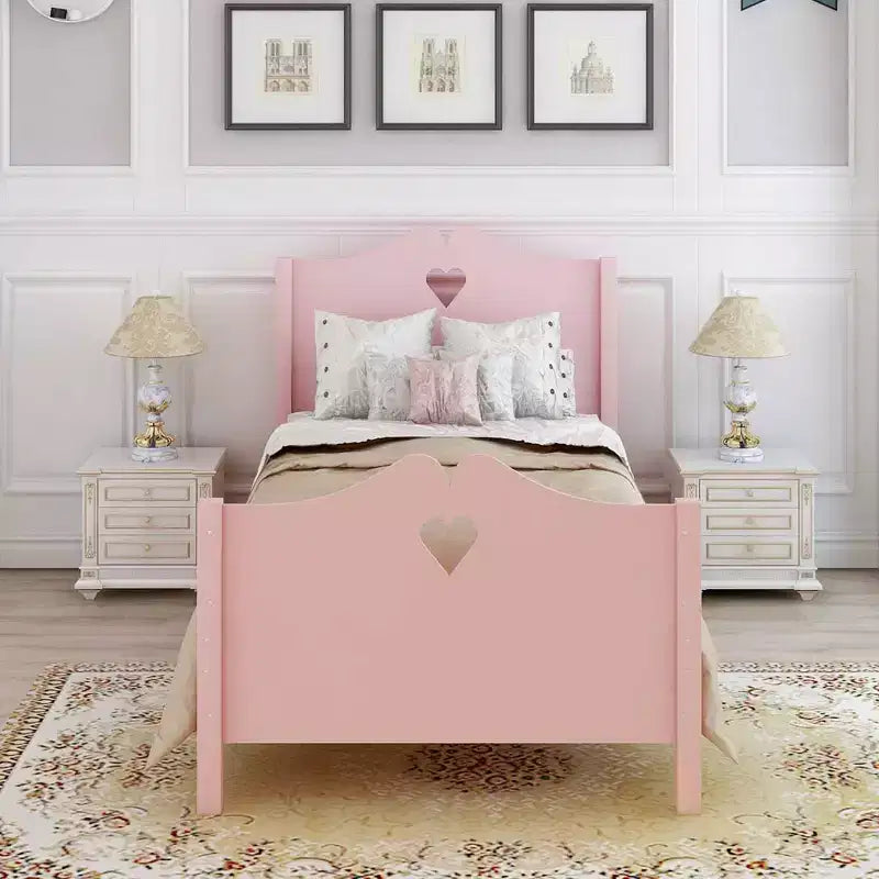 Twin Bed Frame for Girls Princess Bed, Wood Twin Size Platform Bed with Headboard and Footboard