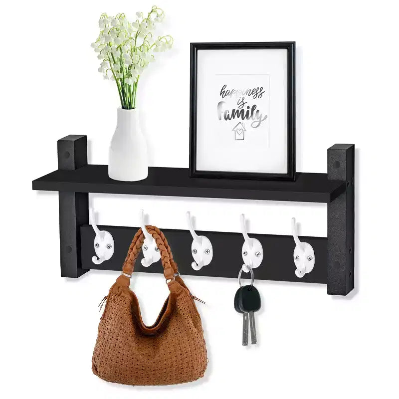Étagère murale flottante Sorbus 40,6 cm avec 5 crochets robustes pour entrée, salle de bain, chambre, cuisine ou buanderie